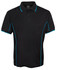 A black polo shirt with blue piping, featuring a collar and buttons, and includes a branding logo.