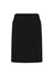 A black straight skirt featuring front pleat details and side slits, with no visible branding.