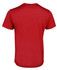 A red T-shirt featuring a plain back design and a brand logo.