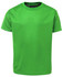 A bright green T-shirt with short sleeves and a textured fabric. The shirt has a logo on the neckline.