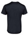 A black t-shirt featuring a smooth, simple design and a standard crew neck. It has a logo on the back.