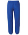 Bright blue track pants with an elastic waistband and a back pocket. Features a logo on the garment.