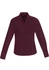 A burgundy long sleeve button-up shirt for women, featuring a classic collar and button closure. It has a logo.