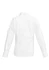 A white long sleeve button-up shirt with a clean back design and a collar, featuring a logo.