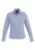 A long sleeve women's button-up shirt in light blue with a collar and a front button closure. Features a logo.