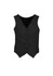 A black women's peaked vest featuring a button-up front and two side pockets, with a branding logo.