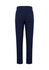 A pair of navy blue men's slim fit flat front pants with back pockets, featuring a logo on the waistband.