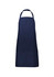 A navy blue apron featuring a pocket and an adjustable neck strap, with a simple logo design.