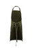 An olive green apron featuring a tie waist and pockets, with a logo on the front.