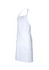 A white bib apron with a single pocket, featuring a simple design and an adjustable neck strap.