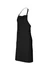 A black bib apron featuring adjustable straps and a front pocket, displaying a simple and sleek design.