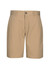 A pair of khaki dress shorts with a button closure and a branded logo on the waistband.