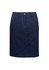 A navy skirt with a front pocket, buttons, and a tailored fit. It features a logo on the waistband.