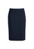 A navy knee-length skirt with a fitted design and two front pockets. It features a logo on the waistband.