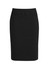 A below-knee black skirt featuring a fitted design and a sleek waistband. It has a branding logo.