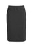 A women's classic below knee skirt in black, featuring a fitted silhouette and a simple design.