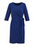 A navy blue dress with three-quarter sleeves and a tie detail at the waist, featuring a wrap design.
