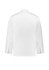 A white long sleeve chef jacket featuring a back view with a button closure and a branding logo.