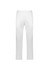 A pair of white track pants featuring an elasticised waistband and a logo.