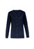 A navy blue women's button front knit cardigan with a v-neck and two front pockets. It has a logo on the design.