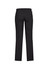 Black men's comfort waist flat front pants, featuring a classic design and a logo on the waistband.
