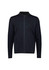 A black zip-front jumper featuring a simple design and a contrasting collar, with a logo on the front.