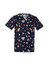 A navy scrub top featuring a fun space-themed print with planets, astronauts, and rockets. It has a logo.