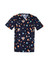A navy scrub top featuring a fun space-themed print with planets, astronauts, and stars. It includes a logo.