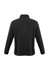 A black polar fleece jacket featuring a collar and long sleeves, with a simple design and branding on the back.