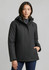 A black women's rain jacket featuring a hood and zippered pockets, designed for protection against wet weather.