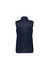 A navy women's expedition vest with a high collar and quilted design, featuring a logo on the back.