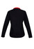 A black women's soft shell jacket with a red collar, featuring a logo on the back.