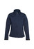 A navy women's softshell jacket featuring a zip closure and a chest pocket. It has a logo on the sleeve.