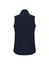 A navy women's vest with a collar and a fitted design, featuring a branding logo.
