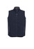 A men's vest in navy featuring a zip front, high collar, and zippered side pockets. It has a branding logo.