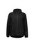 A black women's rain jacket featuring a hood, front zip, and side pockets. It has a minimalist design with a logo.