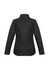 A black puffer jacket with a high collar and textured stitching, featuring a logo on the back.