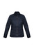 A women's puffer jacket in navy blue with a zip front and side pockets, featuring a logo on the design.
