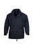 A black unisex puffer jacket featuring a zip and button closure, adjustable cuffs, and a collar. It has a logo.