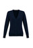 A navy blue women's knit cardigan with a V-neck and button-down front. It features long sleeves and a fitted silhouette.
