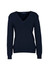 A women's navy V-neck knitted pullover featuring long sleeves and a relaxed fit.