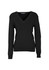 A black women's V-neck knit pullover with long sleeves and a fitted design. It features a logo on the label.