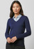 A women's navy Milano pullover sweater with a V-neck and long sleeves, featuring a logo on the chest.