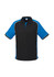 A black and blue short sleeve polo shirt featuring a contrasting design and a collar. It has a logo on the chest.