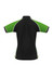 A women's polo shirt in black with green sleeves and white accents, featuring a logo on the chest.