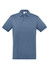 A short sleeve polo shirt in a soft blue colour, featuring a collar and three buttons, with a brand logo present.