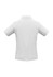 A white women's short sleeve polo shirt, featuring a classic collar and a logo on the back.