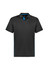 A black short sleeve polo shirt with blue accents and a logo on the chest. Suitable for kids.