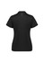 A black women's polo shirt with short sleeves and a logo, featuring a textured design on the back.