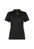 A black short sleeve polo shirt with yellow accents and a logo on the left side.